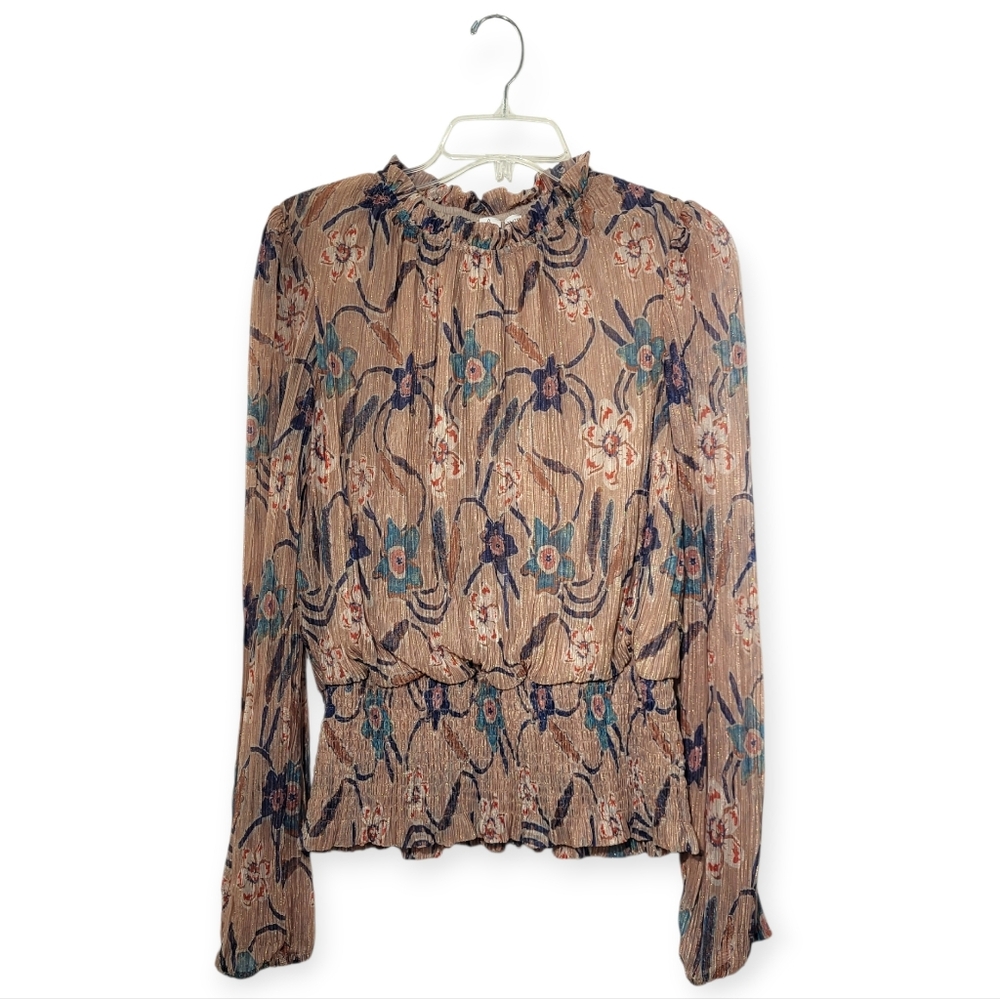JOIE High Neck Boho Metallic Floral Ruched Waist Top XS - Picture 1 of 6